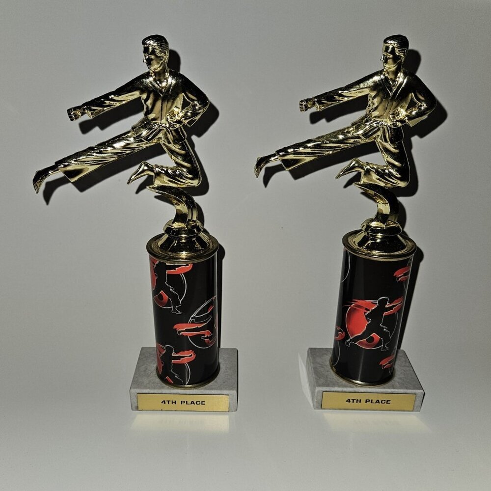 2 Karate Trophy Lot 10" Tall 4th Place Gold Tone Black Red Martial Arts